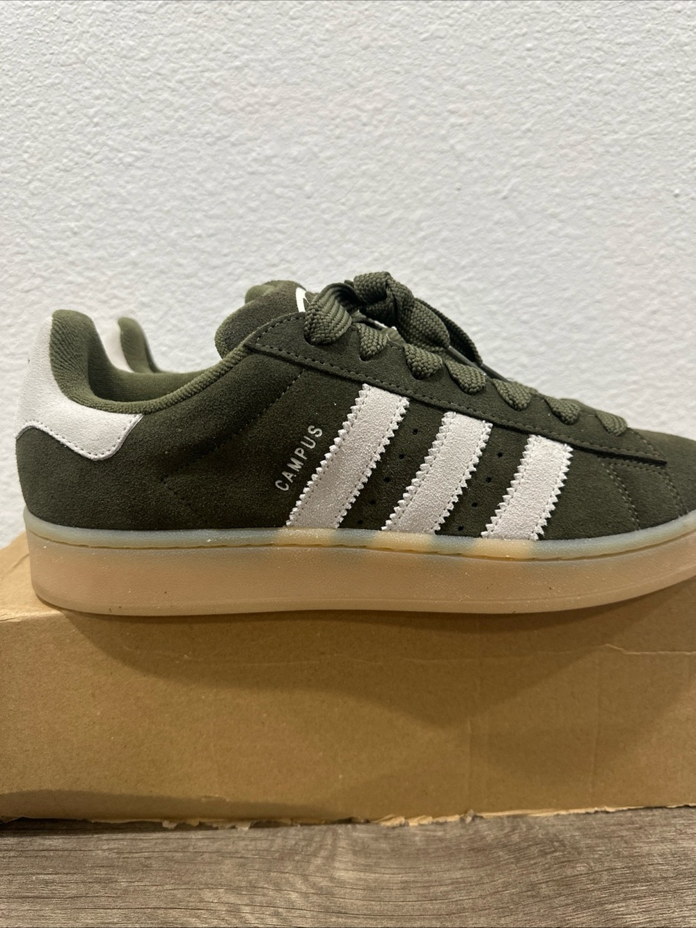 adidas Campus Olive Green Suede Sneakers with White Stripes - Picture 5 of 5